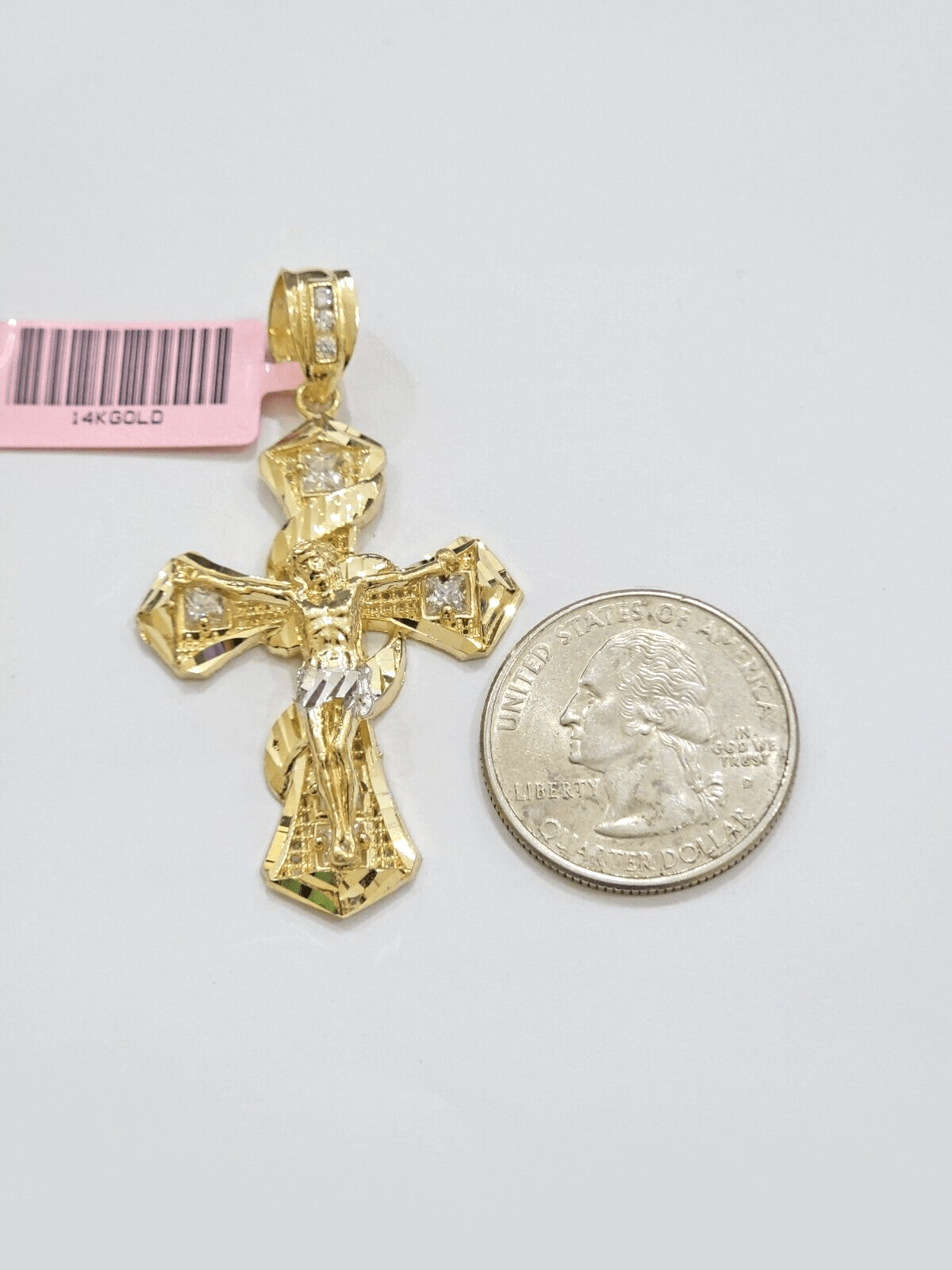 14k Yellow Gold Cross Charm Jesus Pendant 2 Inch CZ Crucifix For Chain 14kt SALE - GoldenlinQ